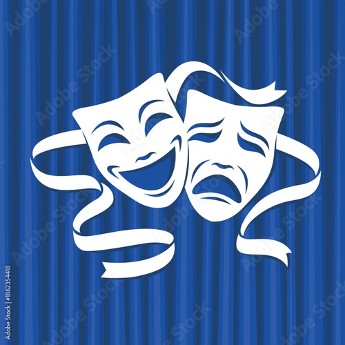 icon of comedy and tragedy theatrical masks with blue curtains