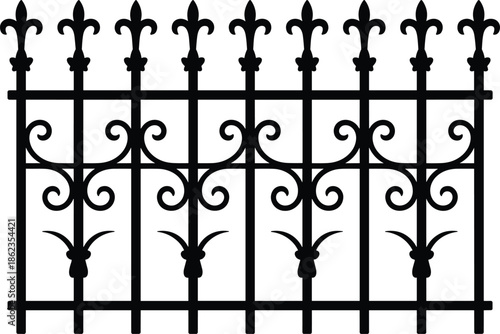 Ornamental wrought iron fence silhouette vector illustration, decorative vintage metal railing with fleur de lis design, classic architectural exterior element isolated