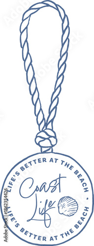 Hand-drawn nautical rope tag with round label and knot. Coastal style outline illustration for beach, marine, and seaside graphic. Isolated vector element.