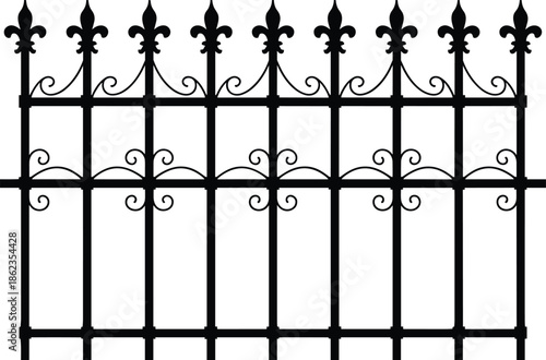 Ornamental wrought iron fence silhouette vector illustration, decorative vintage metal railing with fleur de lis finials and scrollwork, classic architectural exterior element isolated