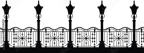 Ornamental wrought iron fence silhouette vector illustration, vintage street lamps and decorative railing design isolated for architectural exterior projects urban landscape backgrounds
