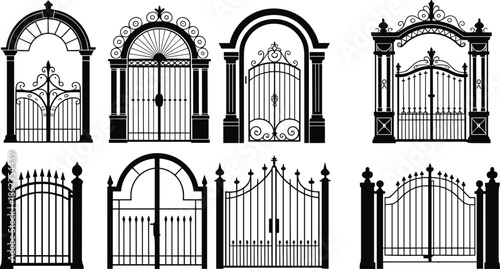 Ornamental wrought iron gate set, classic metal entrance and garden fence designs, vintage architectural elements, decorative black silhouette vector illustration