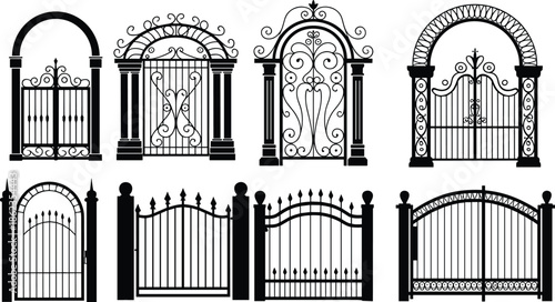 Ornamental wrought iron gate collection, decorative metal entrance gates, vintage fence designs, classic architectural elements, black silhouette vector illustration set