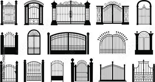 Ornamental wrought iron gate silhouettes vector set, decorative garden and entrance fence designs, classic vintage metal architecture elements isolatedOrnamental wrought iron gate silhouettes