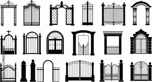 Ornamental wrought iron gates and fences silhouettes vector set, decorative garden entrance doors collection, classic architectural metal designs isolated