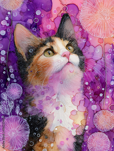 Wallpaper Mural Cute Calico Cat Portrait with Purple Pink Watercolor and Floral Decorative Background Torontodigital.ca