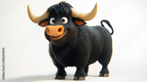 Cute cartoon bull character standing on a plain background with a cheerful expression and visible features of a cartoon animal in animated style