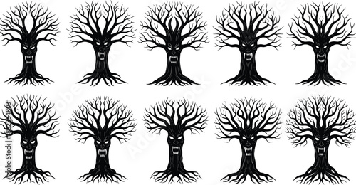 Set of spooky evil tree faces silhouettes, dark fantasy forest monsters, twisted branches, horror nature characters, black vector illustration, collection design