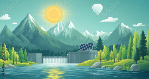 Scenic view of a dam with solar panels in a mountainous region during a bright day with a hot air balloon in the sky