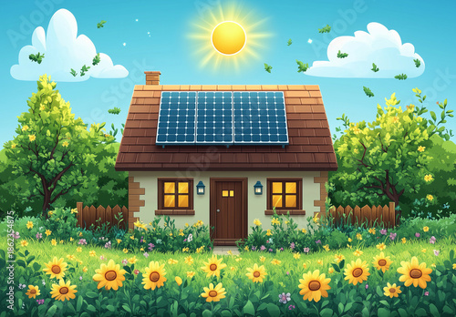 Sunny day at a small house with solar panels surrounded by flowers and trees in a vibrant garden setting