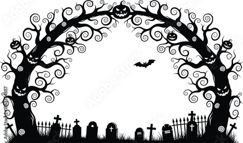 Spooky Halloween graveyard arch with twisted trees and pumpkins, haunted cemetery scene, flying bat silhouette, gothic horror night, black vector illustration