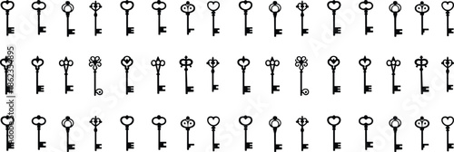 Vintage key silhouettes collection vector illustration, classic antique keys set in multiple shapes, decorative lock symbols isolated on white background