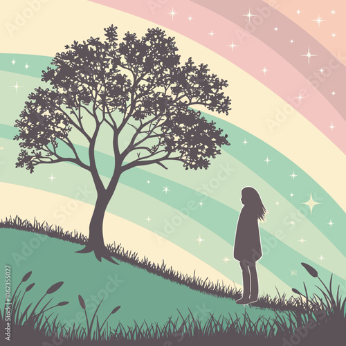 Serene girl standing under tree with rainbow background