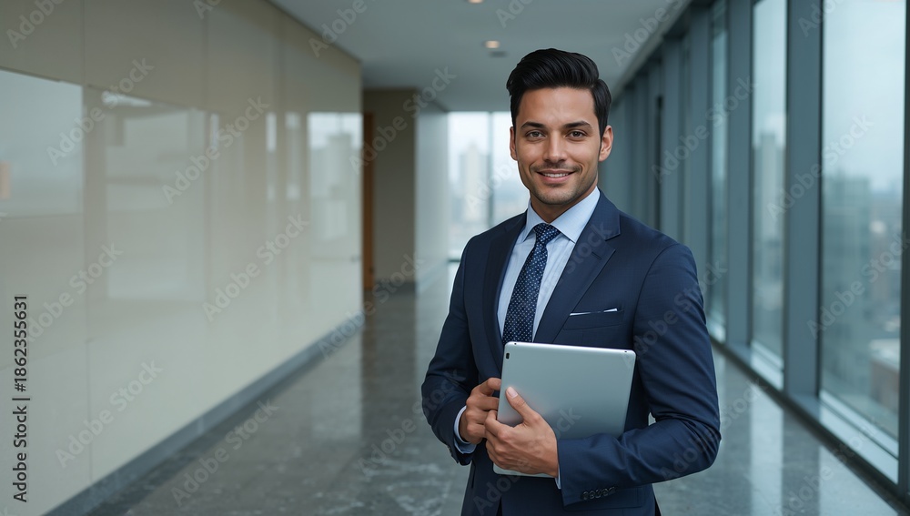 Fototapeta premium Confident professional man in sharp navy suit holding a digital tablet while standing in a modern corporate office hallway