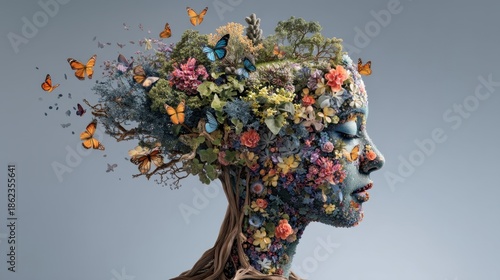 A creative scene shows a woman's head formed by a variety of plants and flowers. Butterflies are seen flying around her. This artwork expresses the connection between nature and humanity.