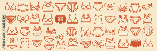 Hand drawn line art lingerie icons row featuring cozy slogan panties, bralettes and bows in terracotta on pastel beige background, flat vector design for fashion branding, playful mood