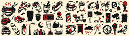 Grunge ink splatter vector food and drink icons close up panoramic banner with red accents for retro menu designs layout
