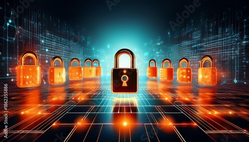 abstract digital representation of cybersecurity with glowing orange padlocks on a futuristic data grid background emphasizing protection and security technology