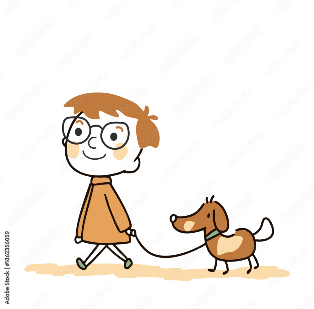 Naklejka premium Cute hand drawn cartoon character traveling and walking with dog