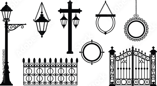Vintage wrought iron street lamp, hanging sign and decorative gate silhouettes vector set, classic ornamental metal fence elements isolated on white