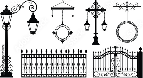 Vintage wrought iron street lamp and gate silhouettes vector set, decorative ornamental metal fence and hanging sign elements, classic architectural design isolated