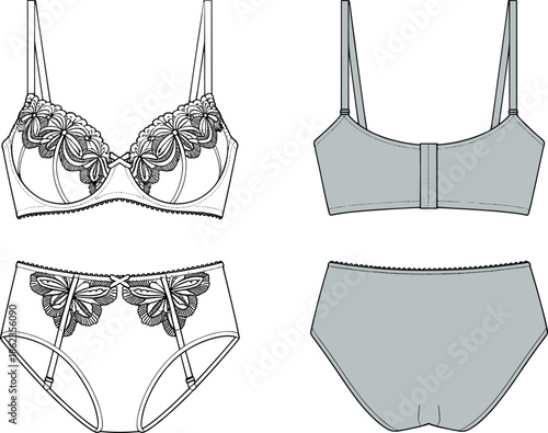 Women lingerie set technical sketch, lace bra and panties, front and back view, fashion flat CAD vector illustration design apparel
