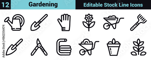 Black line icon set depicting gardening tools, plant care, sustainability, and growth in a minimal instructional style