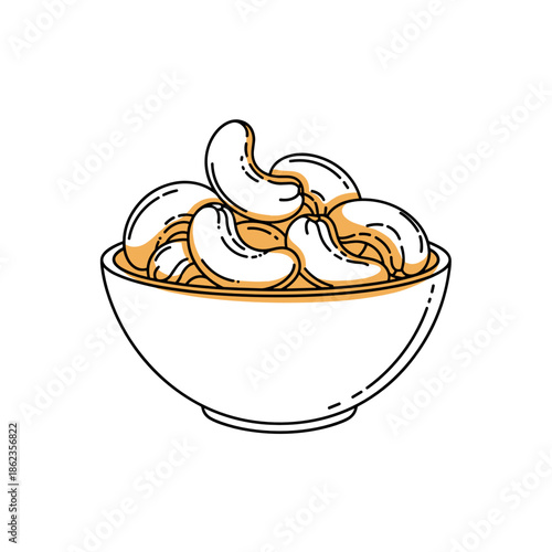 Cashew nuts in a bowl. Vector illustration