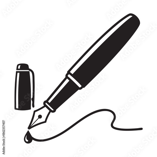 Elegant fountain pen with ink bottle and signature stroke