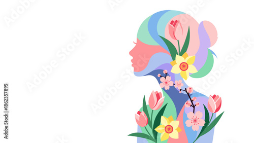Women's Day Abstract Feminine Silhouette — Spring Flowers Integrated into Organic Vector Form