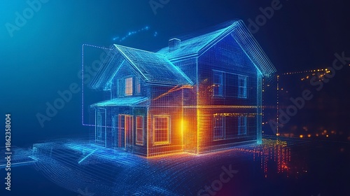 Wireframe house design at night showing detailed structure and lighting effects created by digital technology