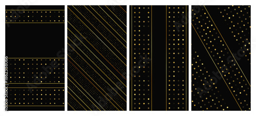 Set of dark backgrounds with golden lines and glittering dots