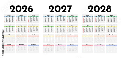 Set of calendars for 2026, 2027 and 2028 on a white background