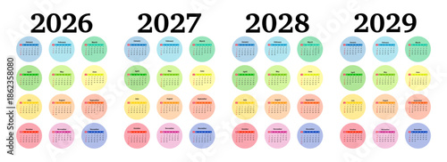 Set of calendars for 2026, 2027, 2028 and 2029 on a white background