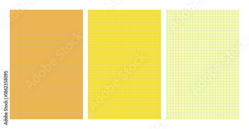 Set of yellow legal pad pages with lined or grid designs
