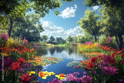 Vibrant flowers and tranquil water reflect a sunny day in a peaceful garden
