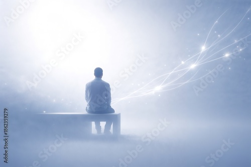 Lonely man sitting in quiet space with soft digital light, symbol of solitude, reflection, inner calm and connection with technology, modern life and human emotions.