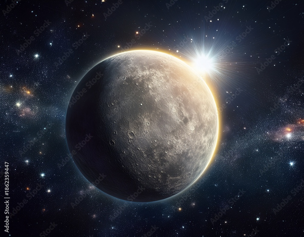 Obraz premium mercury planet with sun flare in the dark space with stars background