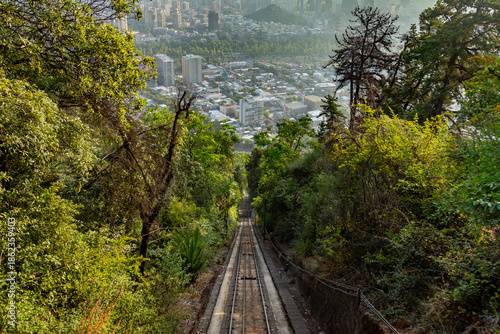 Foto Funicular Railway at Cerro San Cristobal Overlooking Santiago City, Chile