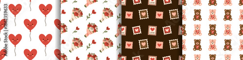 Vector seamless pattern set with cute heart balloon, rose bouquet, love stamp, teddy bear backgrounds. Romantic valentine print collection for wrapping paper, fabric, wallpaper, holiday gift design.