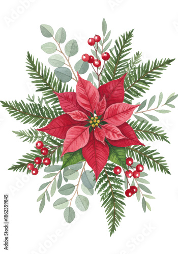 highly detailed watercolor illustration of a festive christmas bouquet featuring a deep crimson poinsettia, eucalyptus, ferns, and red hypericum berries on white. traditional holiday cheer concept
