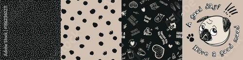 A set of patterns and prints featuring a pug dog, slogans, and polka dots for teenage girls for textiles and design. Vector illustration
