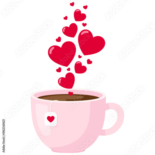 A charming isolated illustration of a cozy pink cup with steam as a shape of vibrant red hearts for Valentine’s Day. February 14 card design concept.