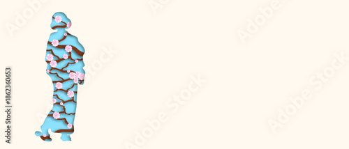 Minimalist Japanese illustration with abstract human silhouette filled with sakura branches. Concept of Japanese culture, spring, harmony and tradition. Suitable for travel posters, editorial design,