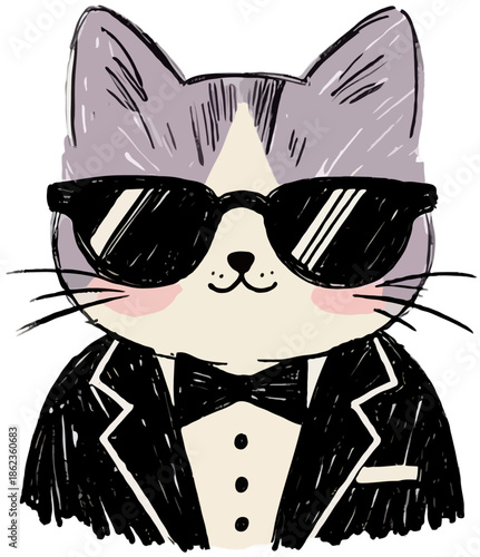 Dapper feline in a tuxedo and sunglasses, illustrated in a charming, hand-drawn style