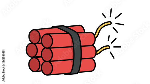 Cartoon illustration of a bundle of dynamite sticks with a lit fuse displayed