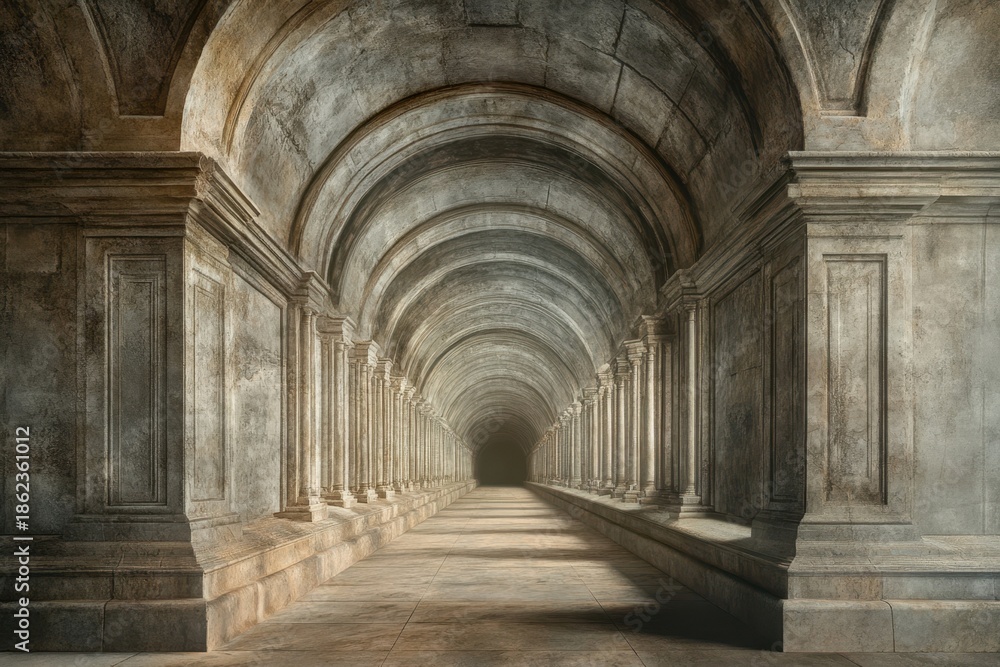 Fototapeta premium Majestic stone corridor with arches and pillars leading to a dark tunnel