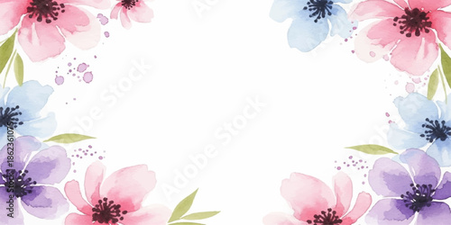 Pink floral frame with blooming flowers and decorative leaves
