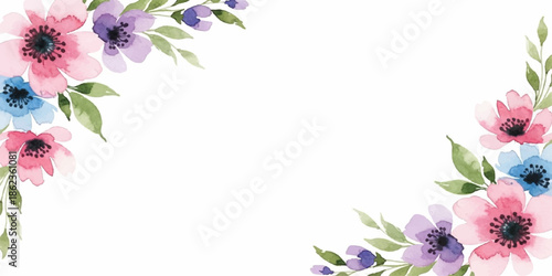 Pink and purple floral frame with blooming flowers and green leaves on a clean white background suitable for spring and summer designs