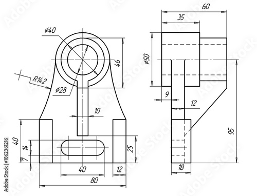 Sketch of steel mechanical
part with through holes and dimensional lines.
Background with engineering cad scheme.
Technical pencil hand drawn drawing
on white paper sheet. Technology design.